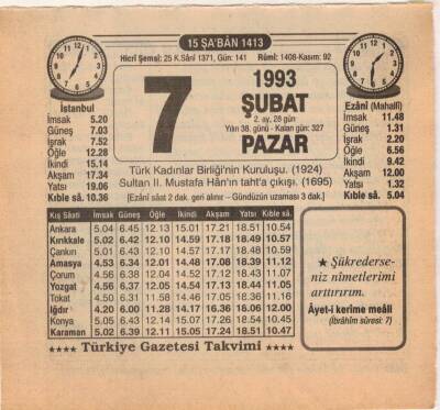 7 Şubat 1993 Takvim Yaprağı EFM(N)5302 - 1