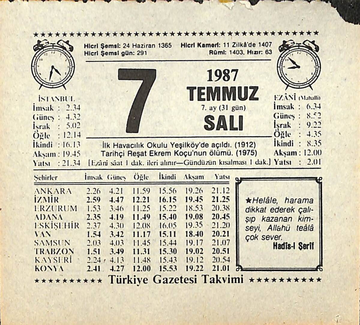 7 Temmuz 1987 Takvim Yaprağı - Doğum Günü Hediyesi EFMN13819 - 1