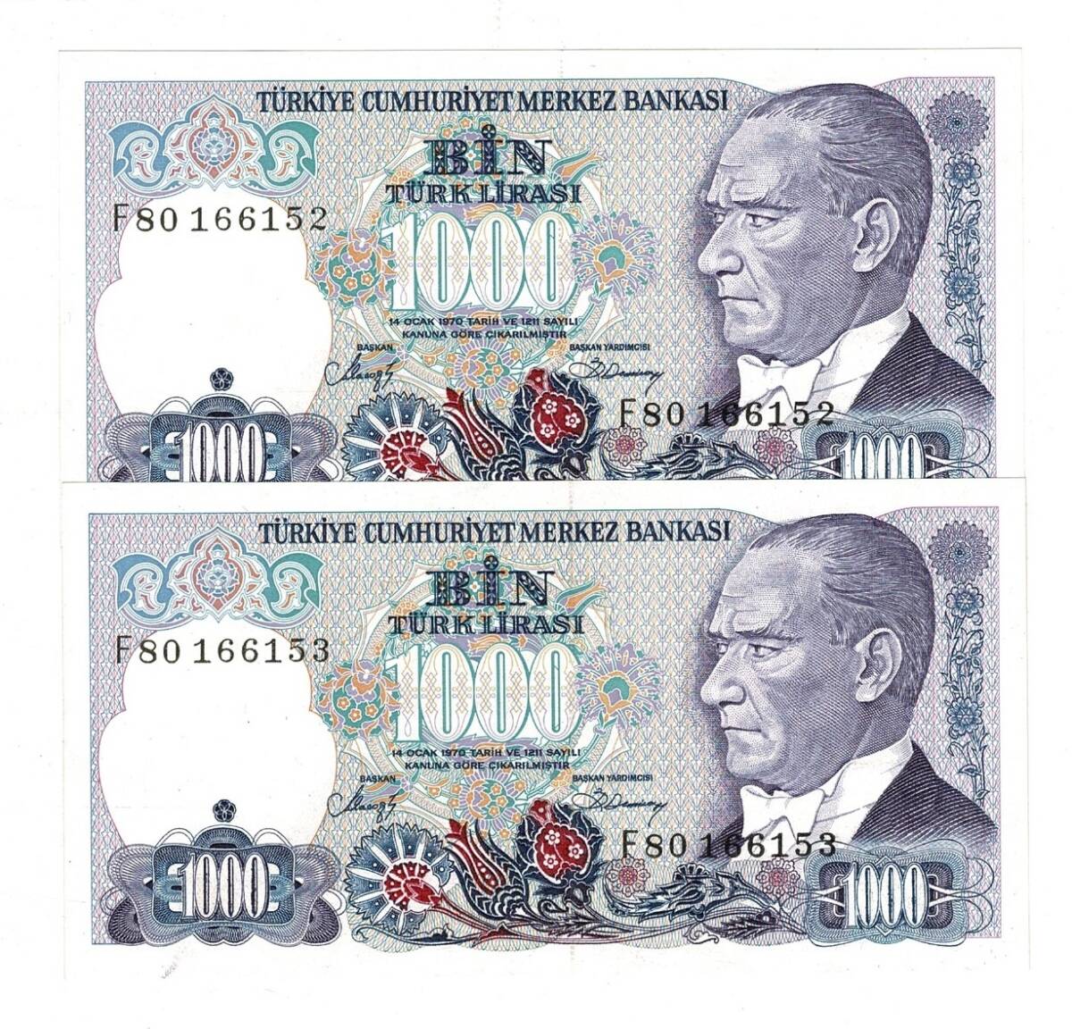 7.Emisyon 2.Tertip 1000 Türk Lirası *Seri Takipli F80* - ÇİL TCK10128 - 1