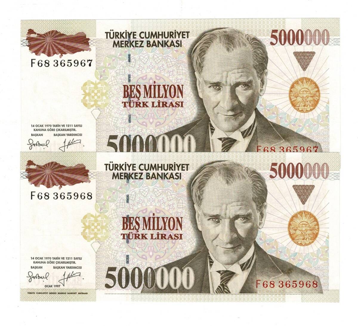 7.Emisyon 1.Tertip 5000000 Türk Lirası *Seri Takipli F68* - ÇİL TCK10175 - 1