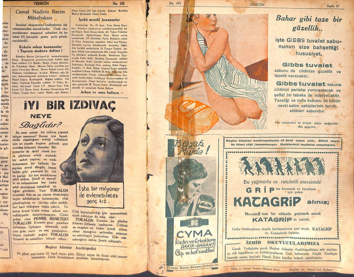 7Gün YEDİGÜN Dergisi Sayı: 103 / 27 Şubat 1935 / Gibbs Tuvalet Sabun Reklamı NDR100315 - 2