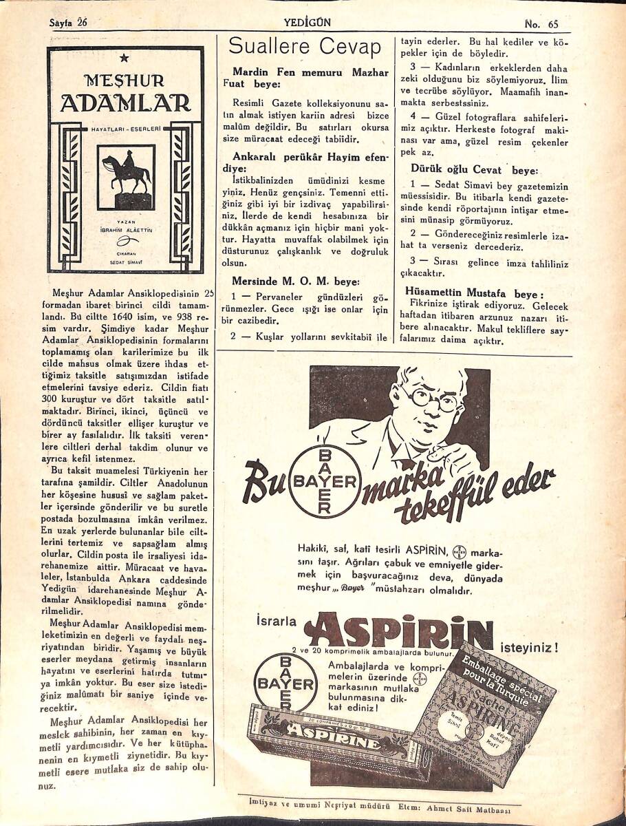 7Gün YEDİGÜN Dergisi Sayı: 65 / 6 Haziran 1934 / Aspirin Reklamı NDR100316 - 2