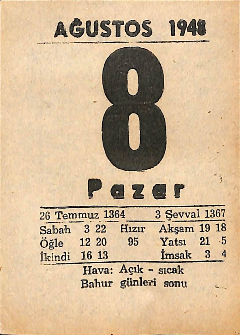 8 Ağustos 1948 Takvim Yaprağı - Doğum Günü Hediyesi EFMN14430 - 1