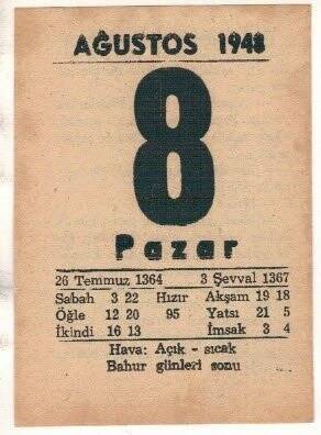 8 Ağustos 1948 Takvim Yaprağı EFM(N)1454 - 4