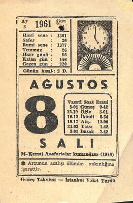 8 Ağustos 1961 Takvim Yaprağı - Doğum Günü Hediyesi EFM(N)11264 - 1