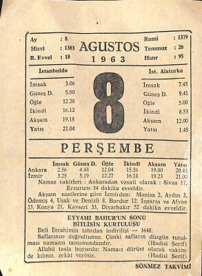 8 Ağustos 1963 Takvim Yaprağı - Doğum Günü Hediyesi EFM(N)11398 - 1