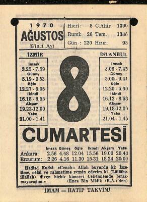 8 Ağustos 1970 Takvim Yaprağı - Doğum Günü Hediyesi EFM(N)9675 - 1