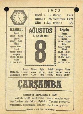 8 Ağustos 1973 Takvim Yaprağı - Doğum Günü Hediyesi EFM(N)10108 - 4