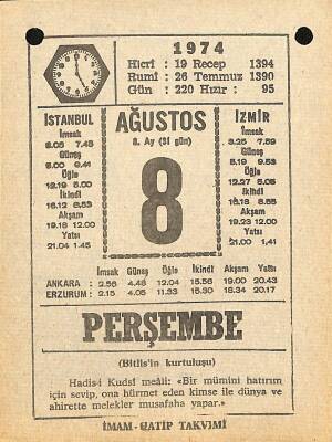 8 Ağustos 1974 Takvim Yaprağı - Doğum Günü Hediyesi EFM(N)12209 - 1