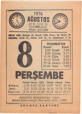 8 Ağustos 1974 Takvim Yaprağı EFM(N)2294 - 2