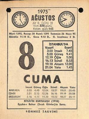 8 Ağustos 1975 Takvim Yaprağı - Doğum Günü Hediyesi EFM(N)9644 - 1