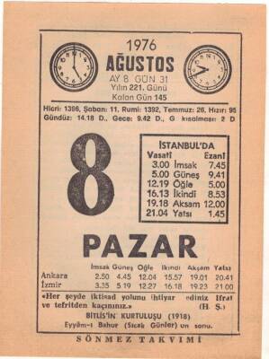 8 Ağustos 1976 Takvim Yaprağı EFM(N)2295 - 2
