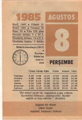 8 Ağustos 1985 Takvim Yaprağı EFM(N)2297 - 3