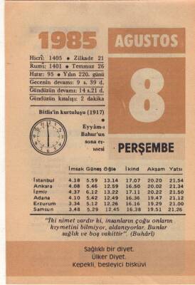 8 Ağustos 1985 Takvim Yaprağı EFM(N)2297 - 1