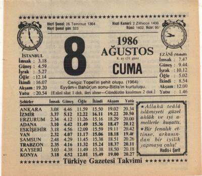 8 Ağustos 1986 Takvim Yaprağı EFM(N)2298 - 2