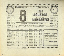 8 Ağustos 1987 Takvim Yaprağı - Doğum Günü Hediyesi EFMN13851 - Gökçekoleksiyon