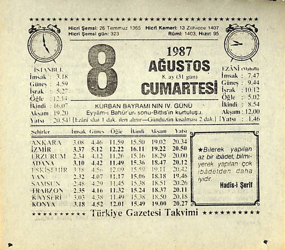8 Ağustos 1987 Takvim Yaprağı - Doğum Günü Hediyesi EFMN13851 - 1