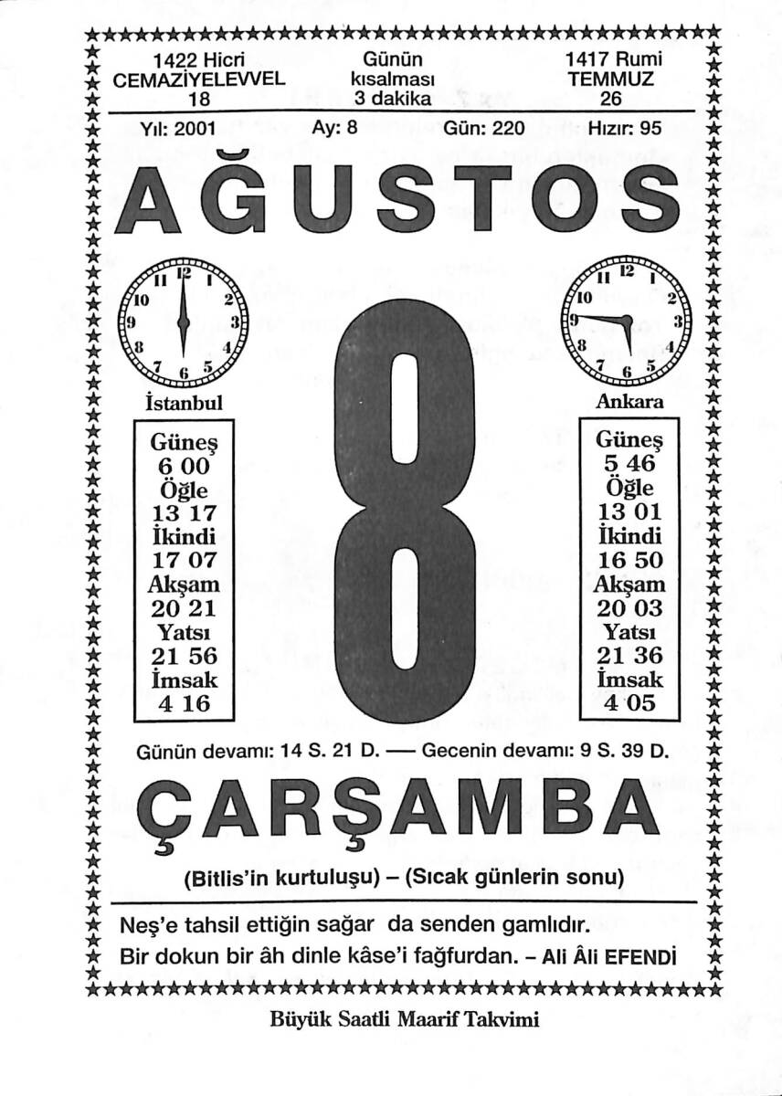 8 Ağustos 2001 Takvim Yaprağı - Doğum Günü Hediyesi EFMN14222 - 1