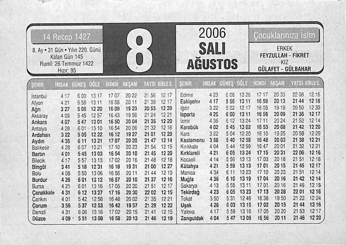 8 Ağustos 2006 Takvim Yaprağı - Doğum Günü Hediyesi EFMN14155 - 1