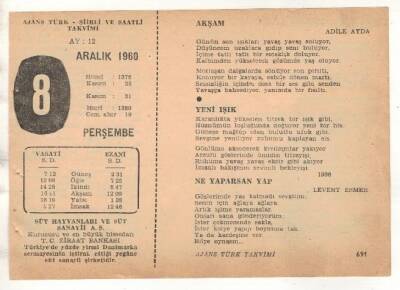 8 Aralık 1960 Ajans Türk Takvim Yaprağı (Şiirli Saatli) EFM(N) 1804 - 2