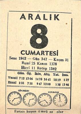8 Aralık 1962 Takvim Yaprağı - Doğum Günü Hediyesi EFM(N)11506 - 1
