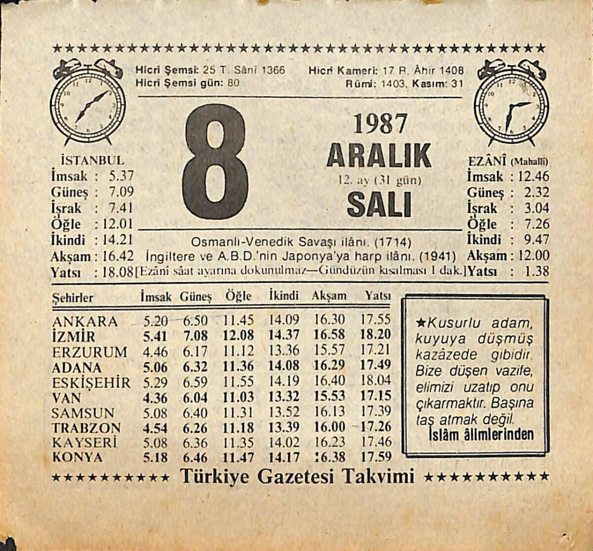 8 Aralık 1987 Takvim Yaprağı - Doğum Günü Hediyesi EFMN15003 - 1