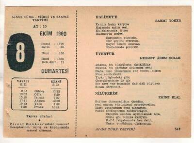 8 Ekim 1960 Ajans Türk Takvim Yaprağı (Şiirli Saatli) EFM(N) 1745 - 1