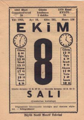8 Ekim 1963 Takvim Yaprağı EFM(N)3529 - 1