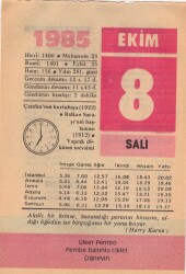 8 Ekim 1985 Takvim Yaprağı EFM(N)3040 - Gökçekoleksiyon