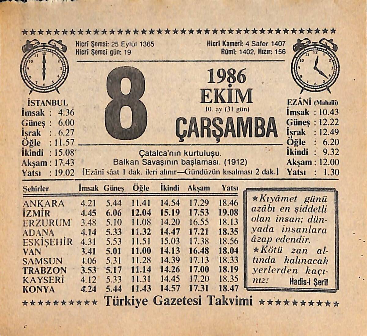 8 Ekim 1986 Takvim Yaprağı - Doğum Günü Hediyesi EFMN14923 - 1