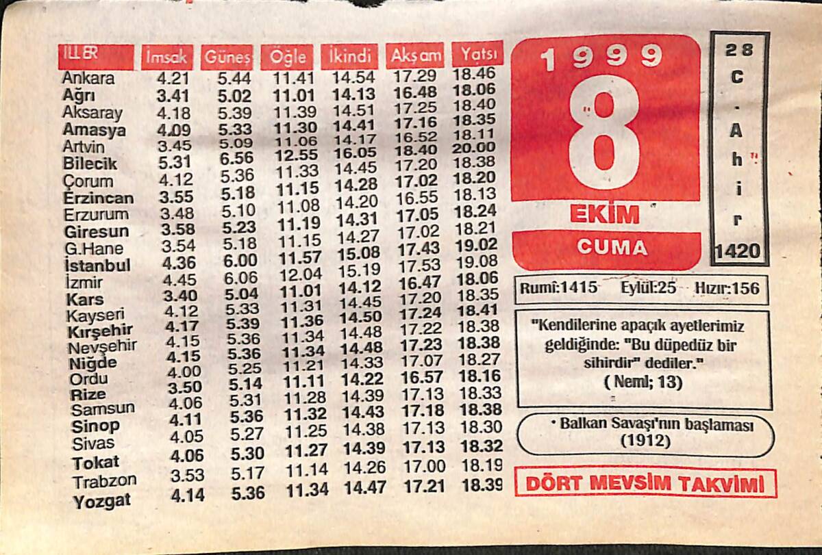 8 Ekim 1999 Takvim Yaprağı - Doğum Günü Hediyesi EFMN14079 - 1