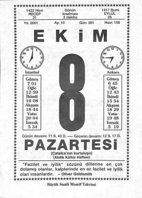 8 Ekim 2001 Takvim Yaprağı - Doğum Günü Hediyesi EFM(N)10475 - 2