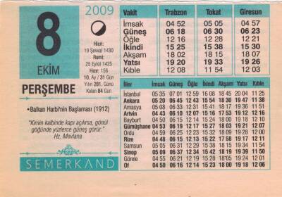 8 Ekim 2009 Takvim Yaprağı EFM(N)3287 - 2