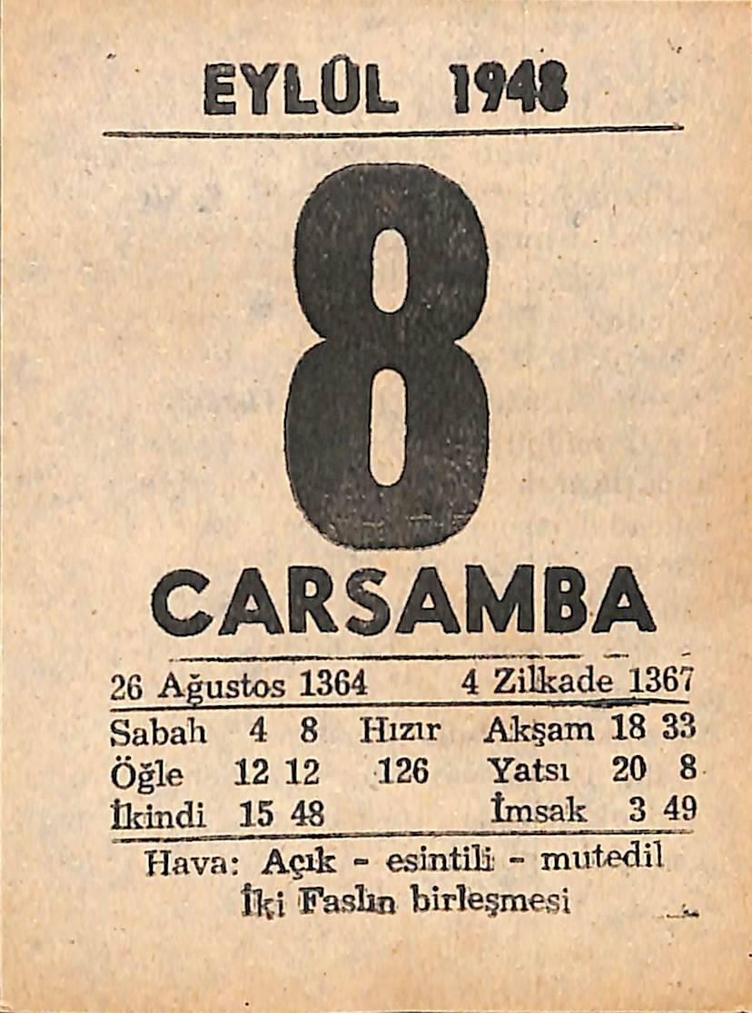 8 Eylül 1948 Takvim Yaprağı - Doğum Günü Hediyesi EFMN14399 - 1