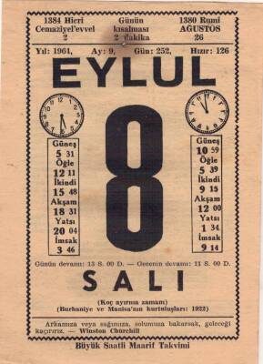 8 Eylül 1964 Takvim Yaprağı EFM(N)3598 - 2