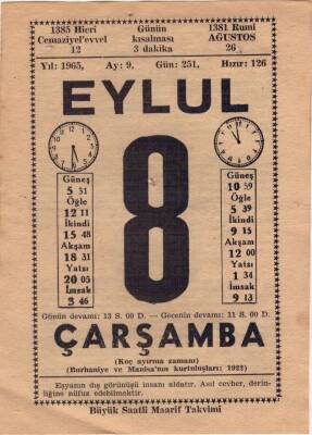 8 Eylül 1965 Takvim Yaprağı EFM(N)3596 - 2
