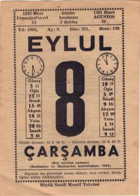 8 Eylül 1965 Takvim Yaprağı EFM(N)3596 - 1