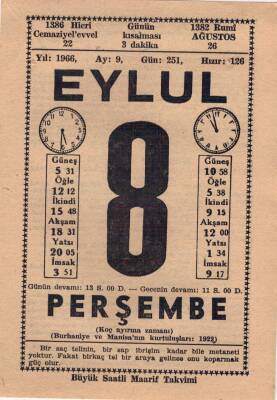 8 Eylül 1966 Takvim Yaprağı EFM(N)3597 - 3