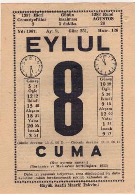 8 Eylül 1967 Takvim Yaprağı EFM(N)3599 - 3