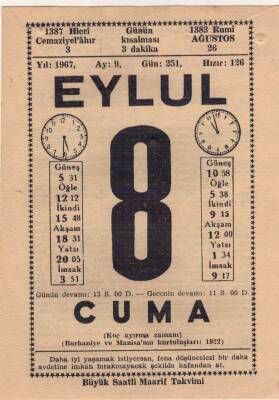 8 Eylül 1967 Takvim Yaprağı EFM(N)3599 - 1