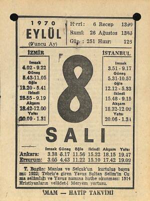 8 Eylül 1970 Takvim Yaprağı - Doğum Günü Hediyesi EFM(N)9884 - 1