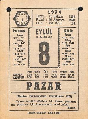 8 Eylül 1974 Takvim Yaprağı - Doğum Günü Hediyesi EFM(N)12337 - 1