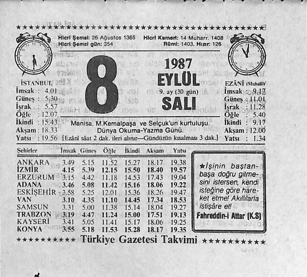 8 Eylül 1987 Takvim Yaprağı - Doğum Günü Hediyesi EFMN13943 - 1