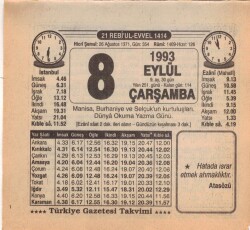 8 Eylül 1993 Takvim Yaprağı EFM(N)2667 - 1