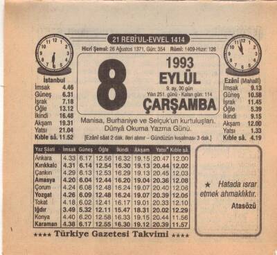 8 Eylül 1993 Takvim Yaprağı EFM(N)2667 - 1