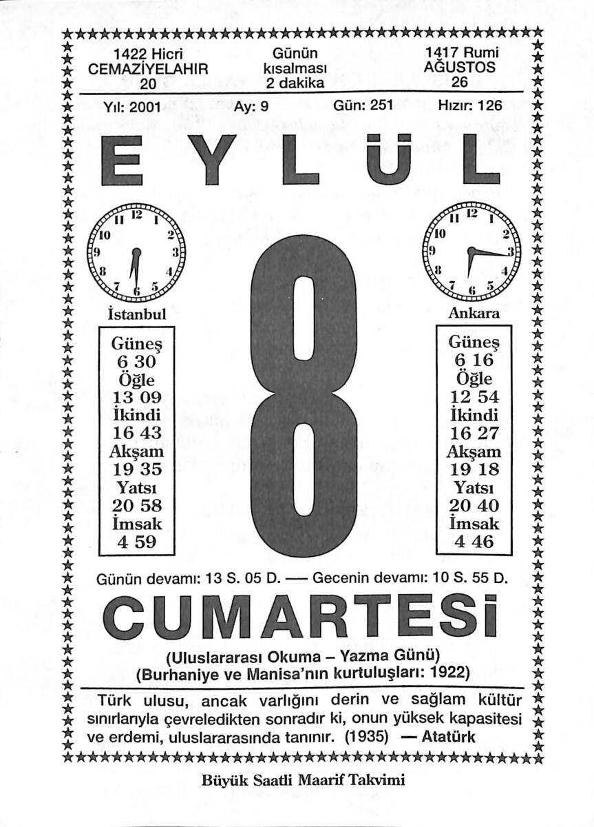 8 Eylül 2001 Takvim Yaprağı - Doğum Günü Hediyesi EFMN14191 - 1