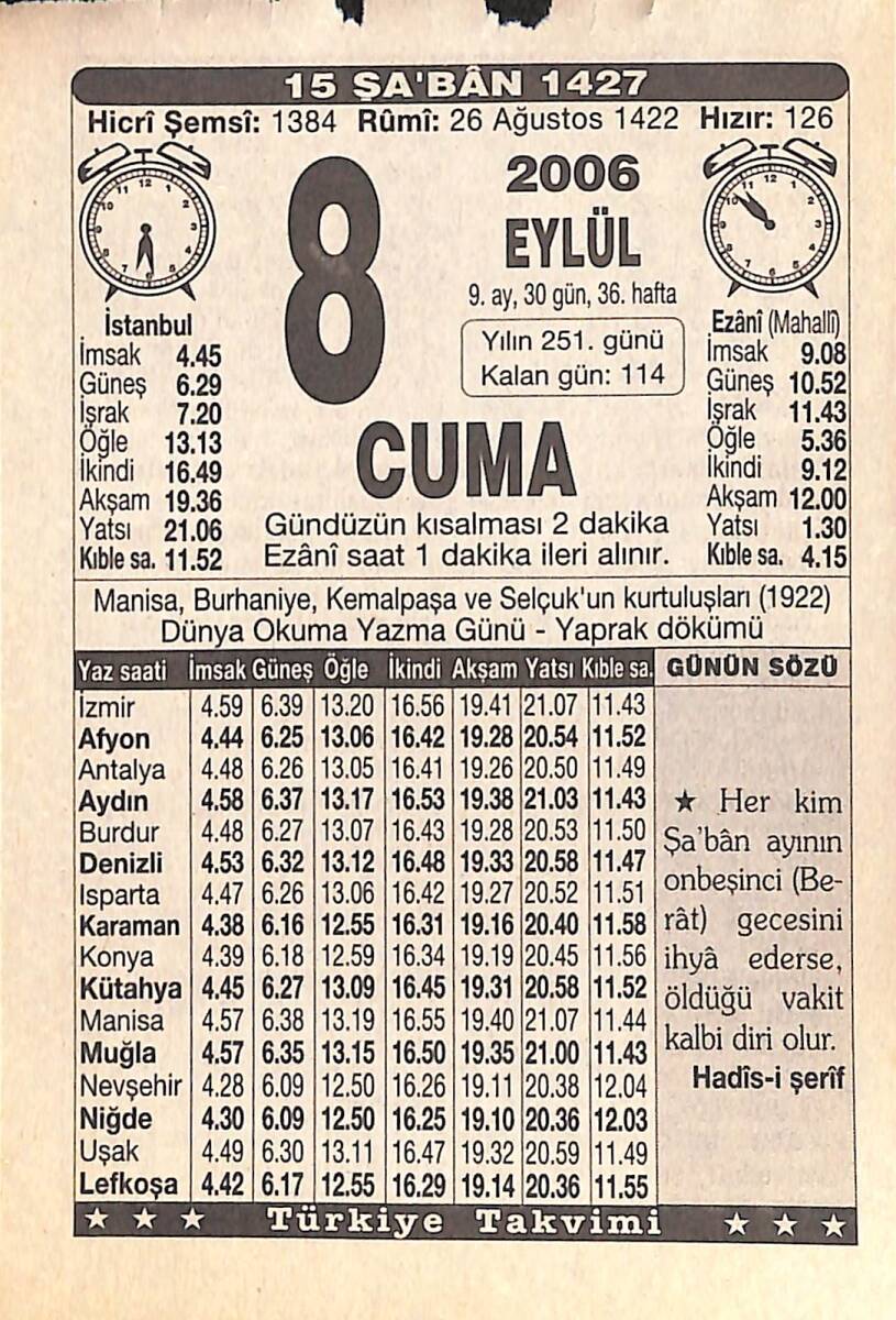 8 Eylül 2006 Takvim Yaprağı - Doğum Günü Hediyesi EFMN15844 - 1