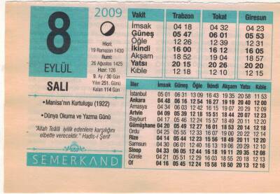 8 Eylül 2009 Takvim Yaprağı EFM(N)2670 - 2