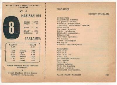 8 Haziran 1960 Ajans Türk Takvim Yaprağı (Şiirli Saatli) EFM(N)1625 - 2