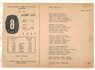 8 Kasım 1960 Ajans Türk Takvim Yaprağı (Şiirli Saatli) EFM(N) 1774 - 1